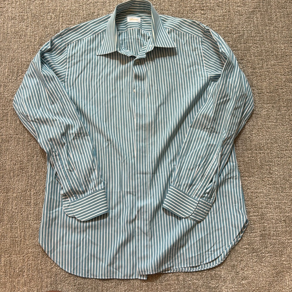 Brioni blue and white stripe button up shirt